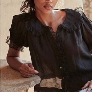 Doen Flute Top Black Ruffle-Trim